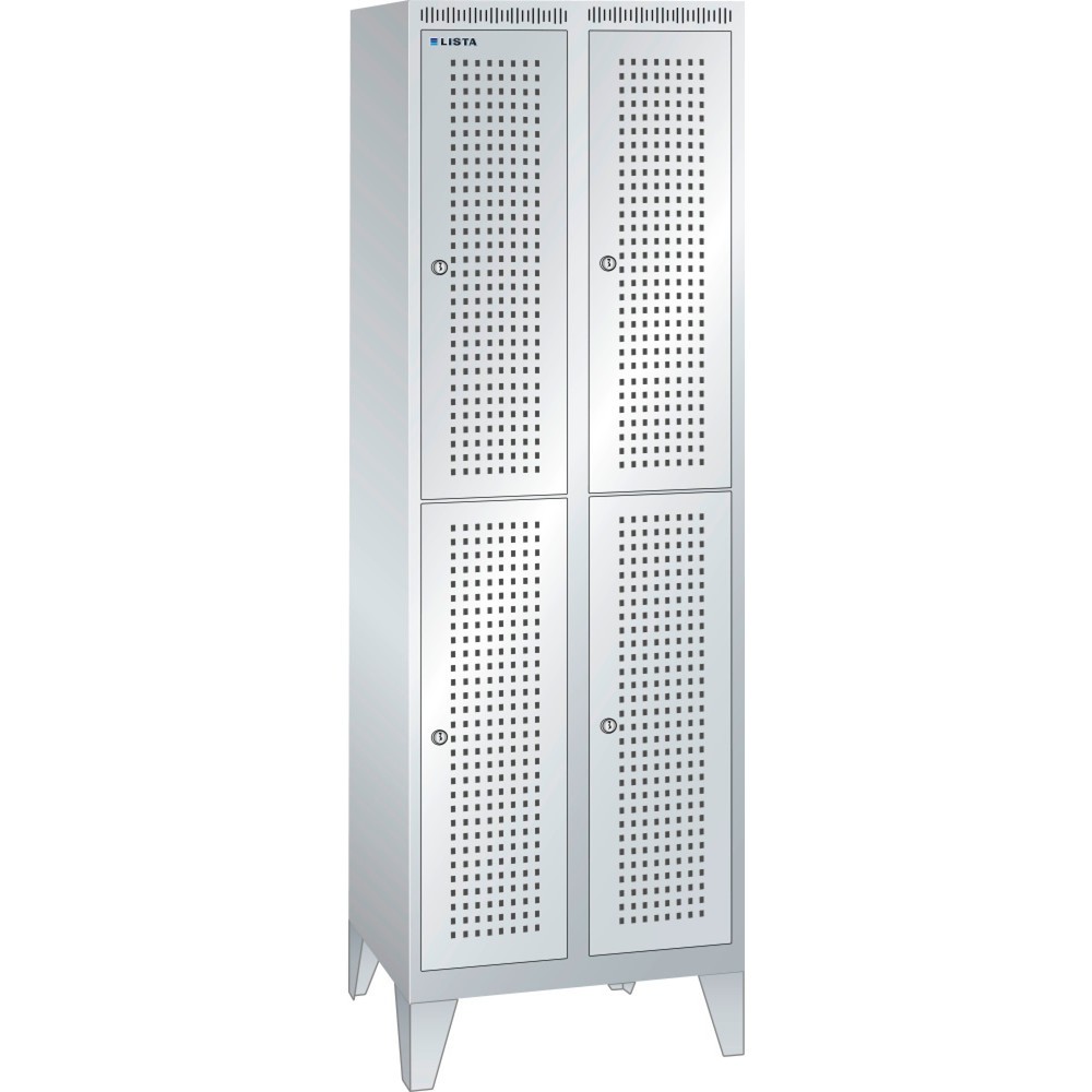 Obraz produktu: Szafa do szatni LISTA z perforowanym polem, (gł. x wys.) 500 x 1850 mm, ze stopkami, 2-rzęd., 2 x 2 komory, zamek cylindryczny