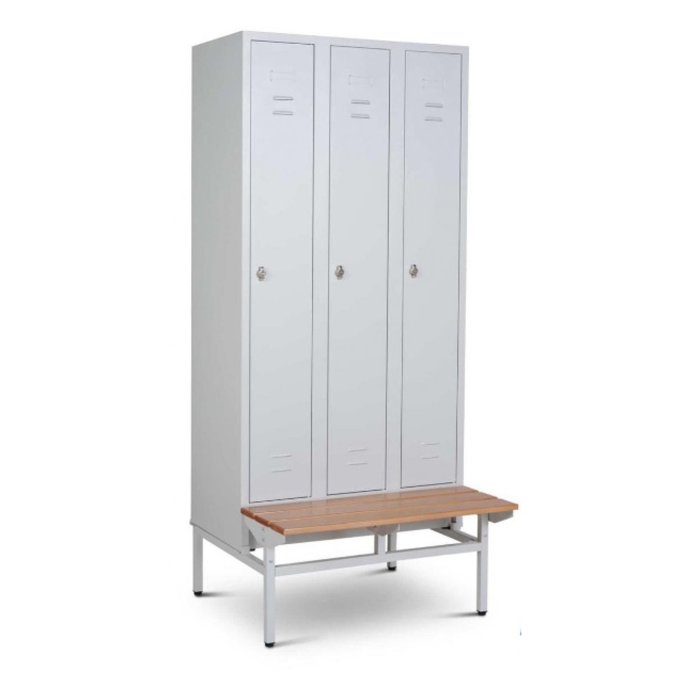 Zdjęcie produktu nr 1: Szafa garderobiana z ławką HEMMDAL HG-SB-1, zamek z ryglem obrotowym, 3 komory, wys. x szer. x gł. 1800 x 900 x 500 mm, kolor jasnoszary