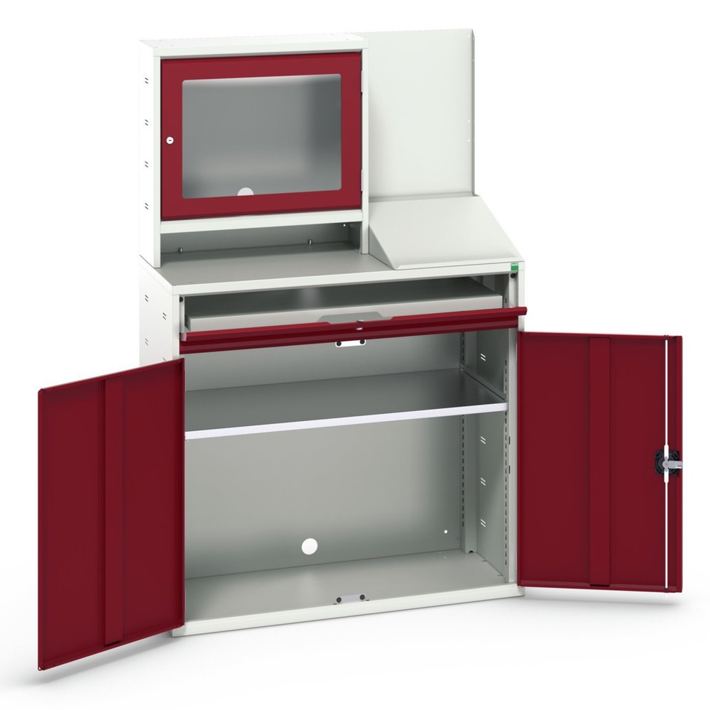 Obraz produktu: Szafa komputerowa bott verso z półką na ekran, z szafką wiszącą, 1 półka, 1 taca, szer. x gł. x wys.: 1 050 x 550 x 1 650 mm