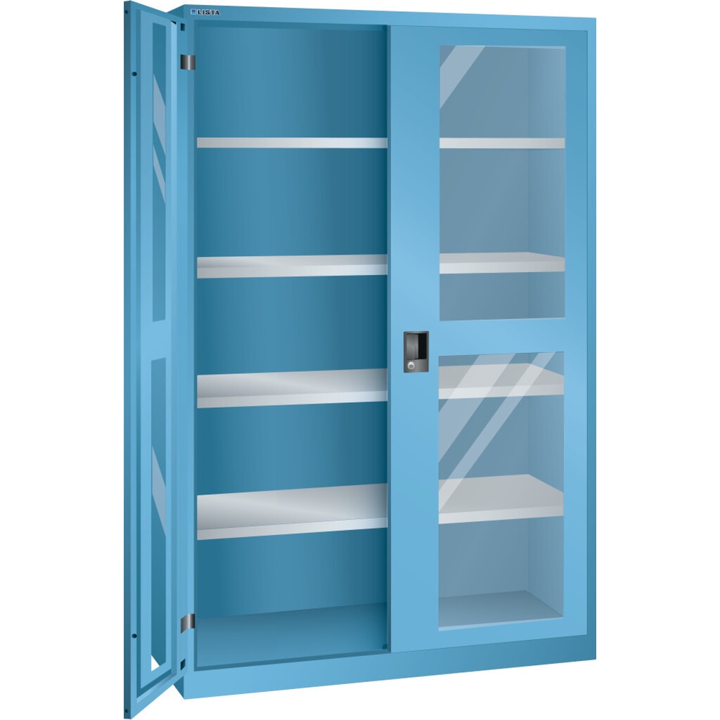 Zdjęcie produktu: Szafa z drzwiami skrzydłowymi LISTA z oknem, (szer. x gł. x wys.) 1250 x 500 x 1950 mm, 4 regulowane półki, jasnoniebieski, KEY Lock