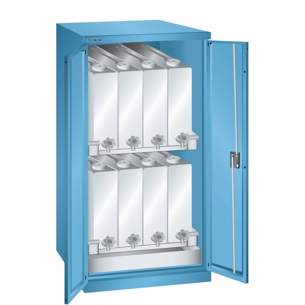 Szafa na chemikalia LISTA, wys. x szer. x gł. 1450 x 717 x 753 mm, 2 półki na kanistry, jasnoniebieska Zdjęcie produktu: Szafa na chemikalia LISTA, wys. x szer. x gł. 1450 x 717 x 753 mm, 2 półki na kanistry, jasnoniebieska