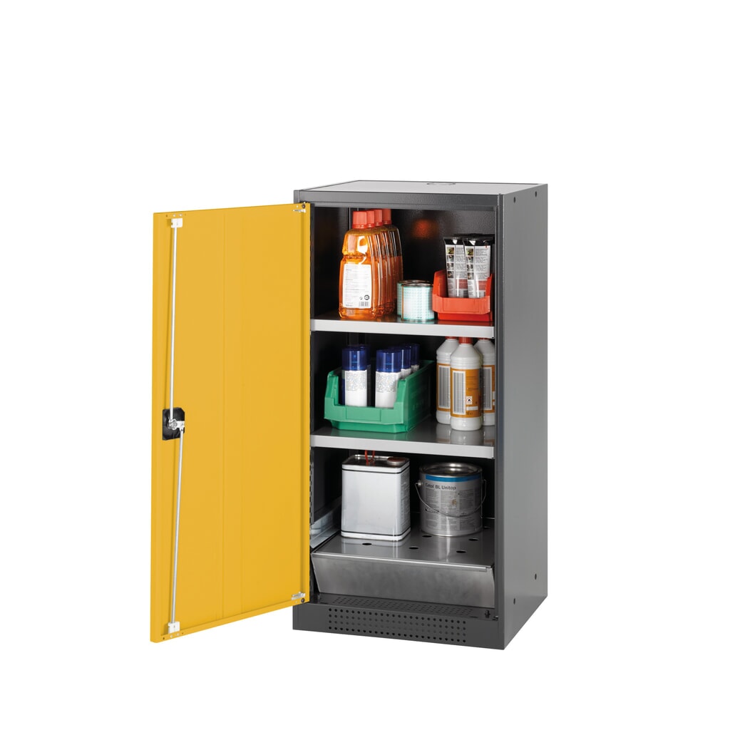 Zdjęcie produktu: Szafa na chemikalia asecos® CS-CLASSIC, z denną wanną ociekową z blachy dziurkowanej i 2 półkami, wys. x szer. x gł. 1105 x 545 x 520 mm, kolor żółtozłoty
