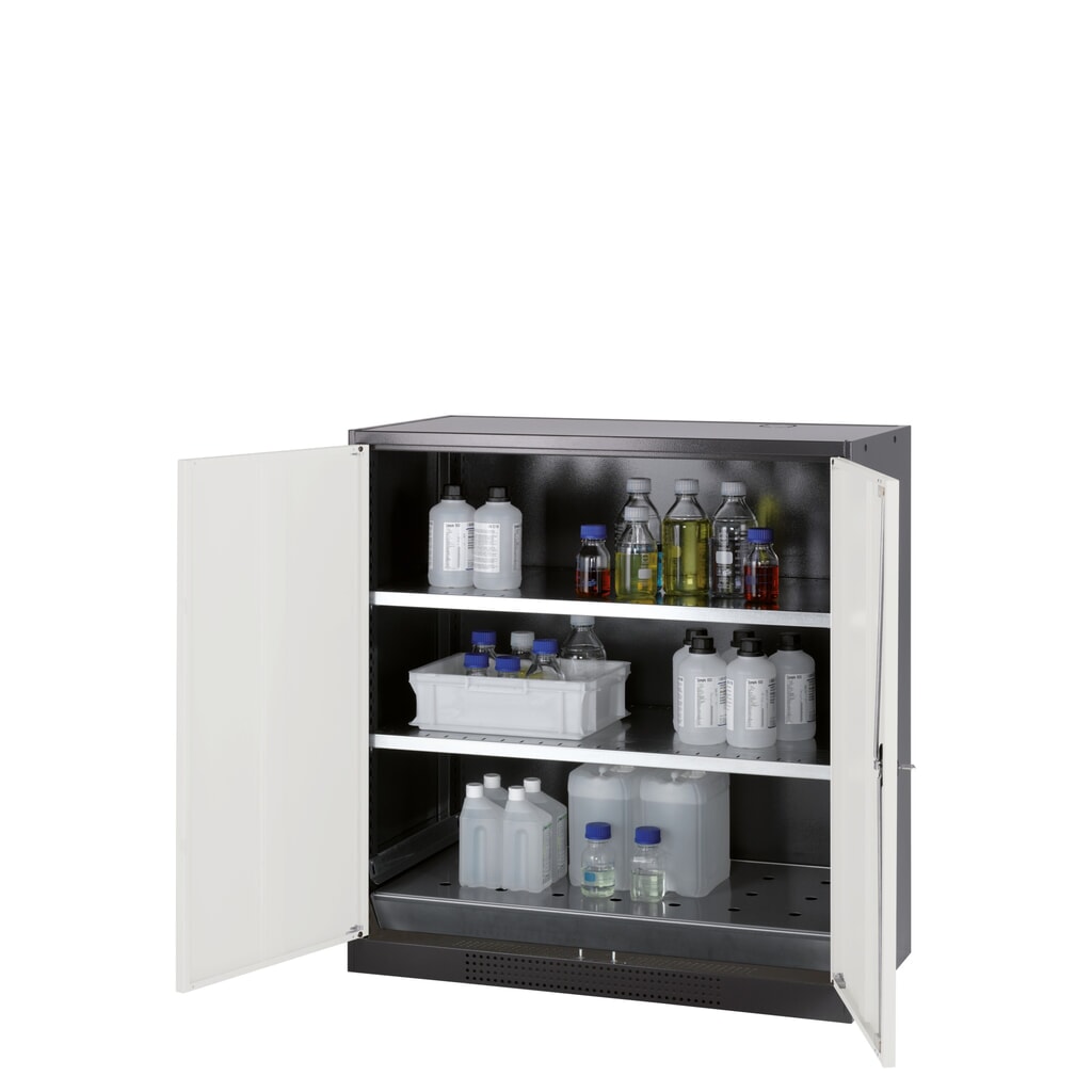 Zdjęcie produktu nr 1: Szafa na chemikalia asecos® CS-CLASSIC, z denną wanną ociekową z blachą dziurkowaną i 2 półkami, wys. x szer. x gł. 1105 x 1055 x 520 mm, kolor srebrny