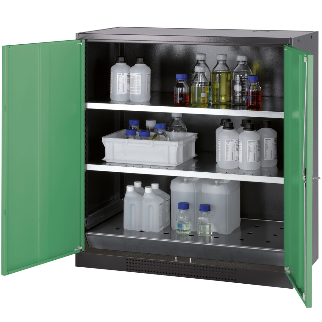 Szafa na chemikalia asecos® CS-CLASSIC, z denną wanną ociekową z blachą dziurkowaną i 2 półkami, wys. x szer. x gł. 1105 x 1055 x 520 mm, kolor seledynowozielony Zdjęcie produktu nr 1: Szafa na chemikalia asecos® CS-CLASSIC, z denną wanną ociekową z blachą dziurkowaną i 2 półkami, wys. x szer. x gł. 1105 x 1055 x 520 mm, kolor seledynowozielony