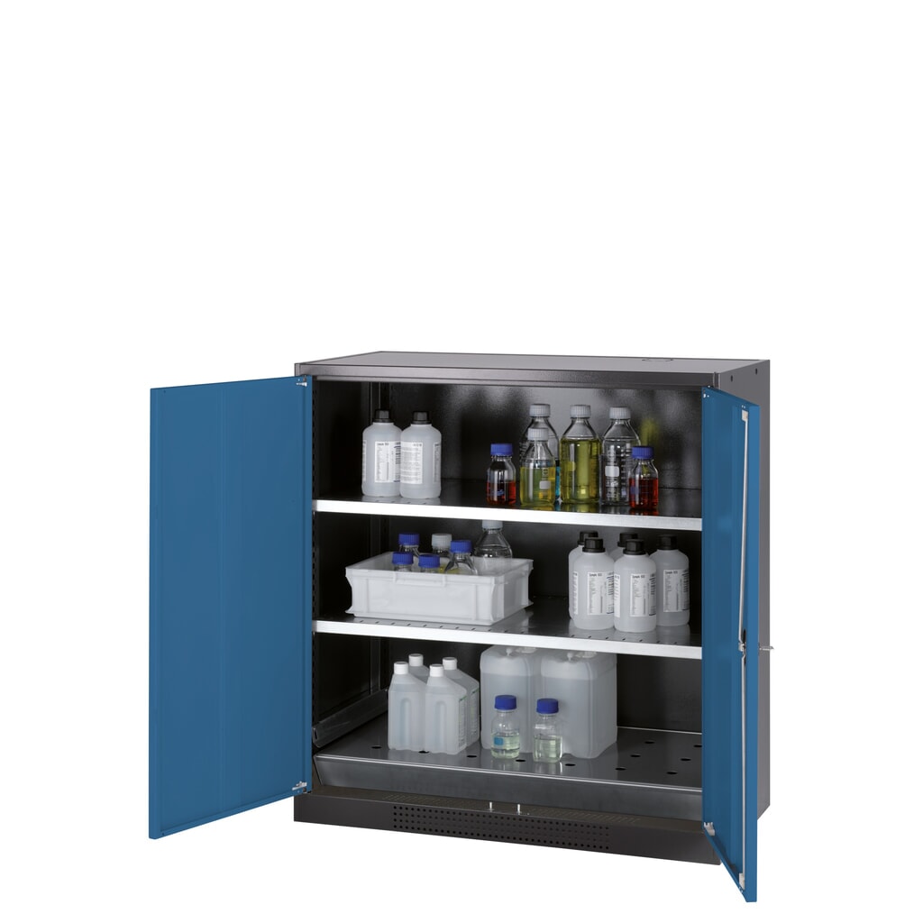 Szafa na chemikalia asecos® CS-CLASSIC, z denną wanną ociekową z blachą dziurkowaną i 2 półkami, wys. x szer. x gł. 1105 x 1055 x 520 mm, kolor gencjanowy niebieski Zdjęcie produktu nr 1: Szafa na chemikalia asecos® CS-CLASSIC, z denną wanną ociekową z blachą dziurkowaną i 2 półkami, wys. x szer. x gł. 1105 x 1055 x 520 mm, kolor gencjanowy niebieski