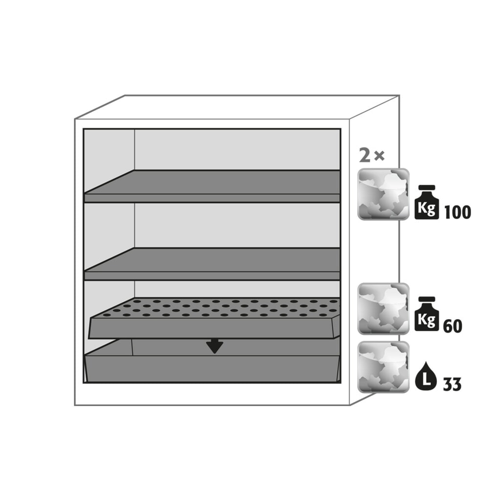 Szafa na chemikalia asecos® CS-CLASSIC, z denną wanną ociekową z blachą dziurkowaną i 2 półkami, wys. x szer. x gł. 1105 x 1055 x 520 mm, kolor srebrny Zdjęcie produktu nr 2: Szafa na chemikalia asecos® CS-CLASSIC, z denną wanną ociekową z blachą dziurkowaną i 2 półkami, wys. x szer. x gł. 1105 x 1055 x 520 mm, kolor srebrny