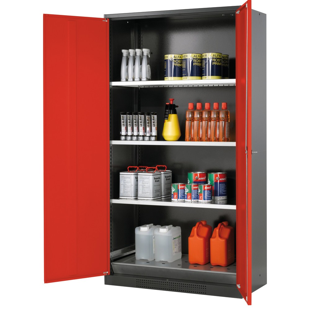 Obraz produktu: Szafa na substancje chemiczne i trucizny asecos® z półkami, wys. szer. x gł. 1950 x 1055 x 520 mm, czerwony drogowy