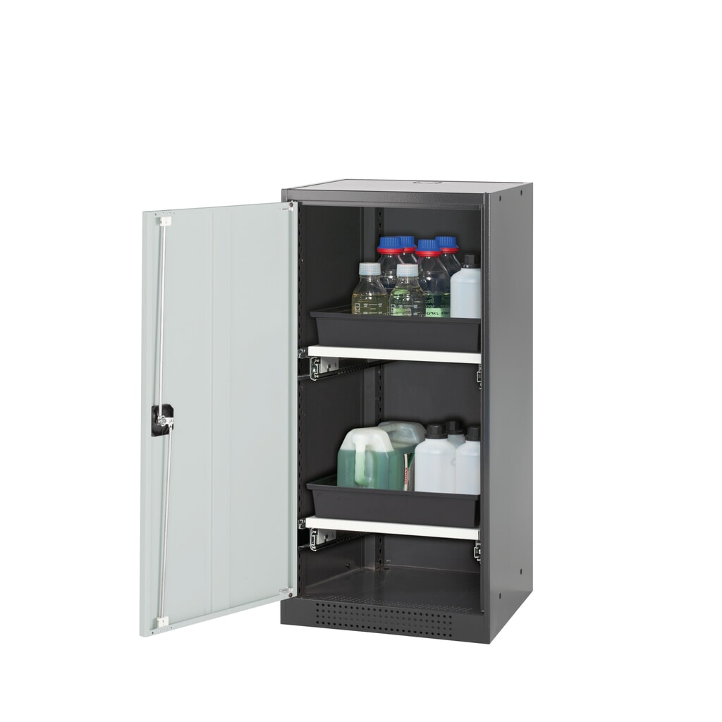 Zdjęcie produktu: Szafa na chemikalia asecos® CS-CLASSIC, z 2 wysuwanymi półkami i wanienką PP, wys. x szer. x gł. 1105 x 545 x 520 mm, jasnoszara