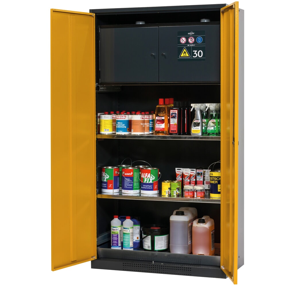 Szafa na chemikalia asecos® CS-CLASSIC-F, z sejfem typu 30, denną wanną ociekową z blachy dziurkowanej i 2 półkami, wys. x szer. x gł. 1950 x 1055 x 520 mm, kolor żółtozłoty Zdjęcie produktu: Szafa na chemikalia asecos® CS-CLASSIC-F, z sejfem typu 30, denną wanną ociekową z blachy dziurkowanej i 2 półkami, wys. x szer. x gł. 1950 x 1055 x 520 mm, kolor żółtozłoty