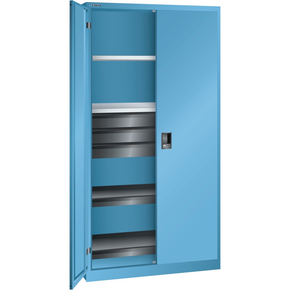 Obraz produktu: Szafa narzędziowa LISTA, (szer. x gł. x wys.) 1000 x 580 x 1950 mm, 2 wysuwane tace, 3 szuflady, jasnoniebieska, CODE Lock
