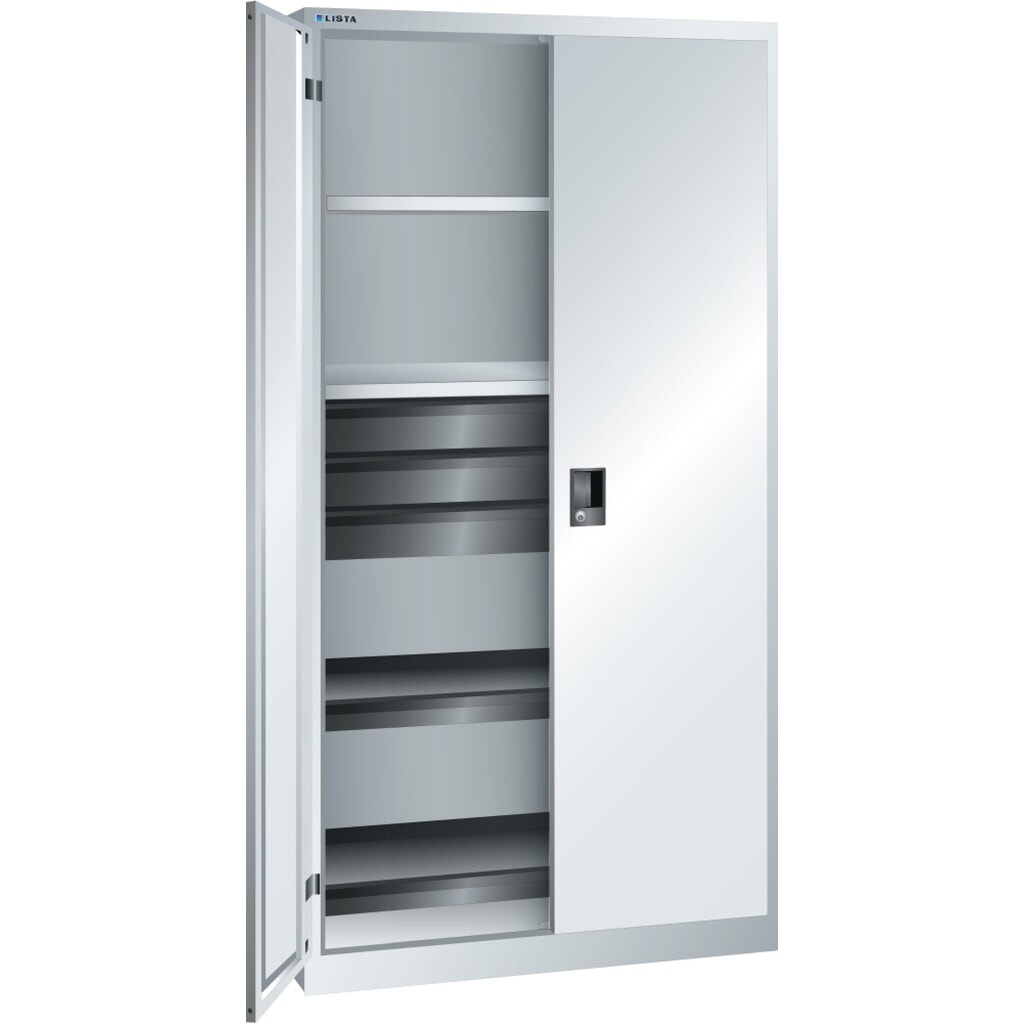 Szafa narzędziowa LISTA, (szer. x gł. x wys.) 1000 x 580 x 1950 mm, 2 wysuwane tace, 3 szuflady, jasnoszara, KEY Lock Zdjęcie produktu: Szafa narzędziowa LISTA, (szer. x gł. x wys.) 1000 x 580 x 1950 mm, 2 wysuwane tace, 3 szuflady, jasnoszara, KEY Lock