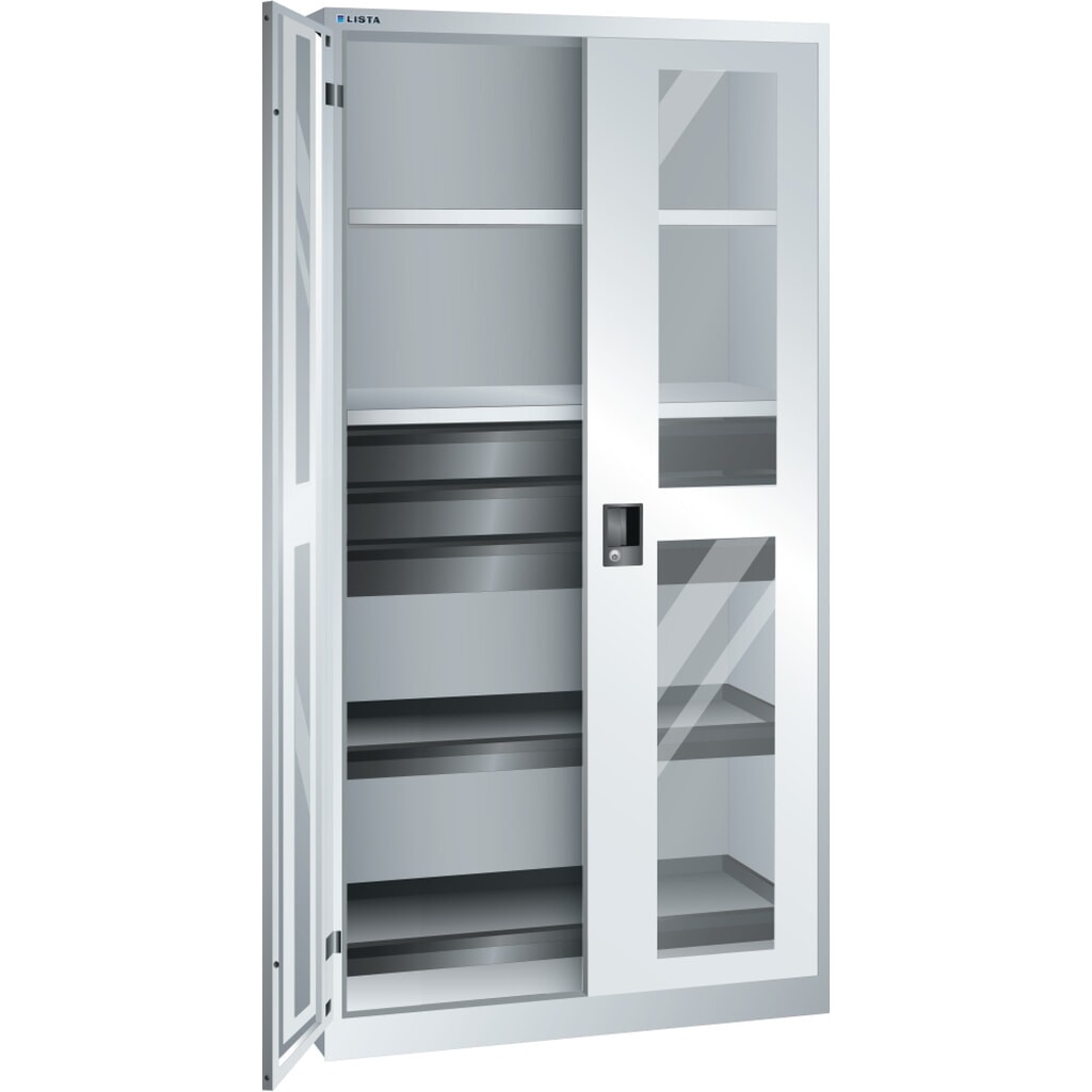 Zdjęcie produktu: Szafa narzędziowa LISTA, (szer. x gł. x wys.) 1000 x 580 x 1950 mm, 2 wysuwane tace, 3 szuflady, jasnoszara, KEY Lock