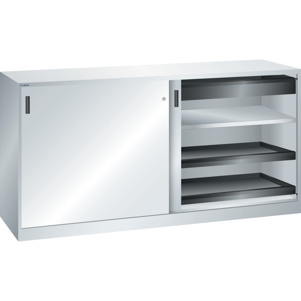 Szafa narzędziowa LISTA, (szer. x gł. x wys.) 2000 x 580 x 1000 mm, 4 wysuwane tace, 2 szuflady, jasnoszara Zdjęcie produktu: Szafa narzędziowa LISTA, (szer. x gł. x wys.) 2000 x 580 x 1000 mm, 4 wysuwane tace, 2 szuflady, jasnoszara