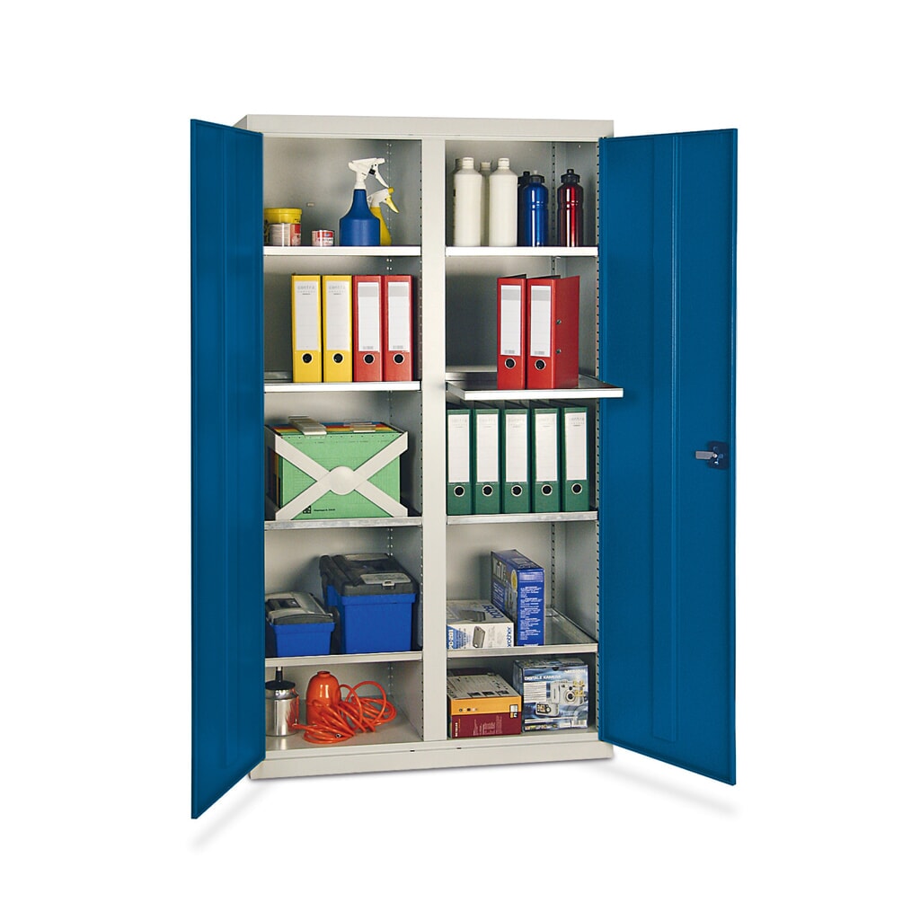 Zdjęcie produktu: Szafa warsztatowa z drzwiami skrzydłowymi stumpf® z 8 korytkami i ścianką działową, wys. x szer. x gł. 1800 x 1000 x 500 mm, jasnoszara