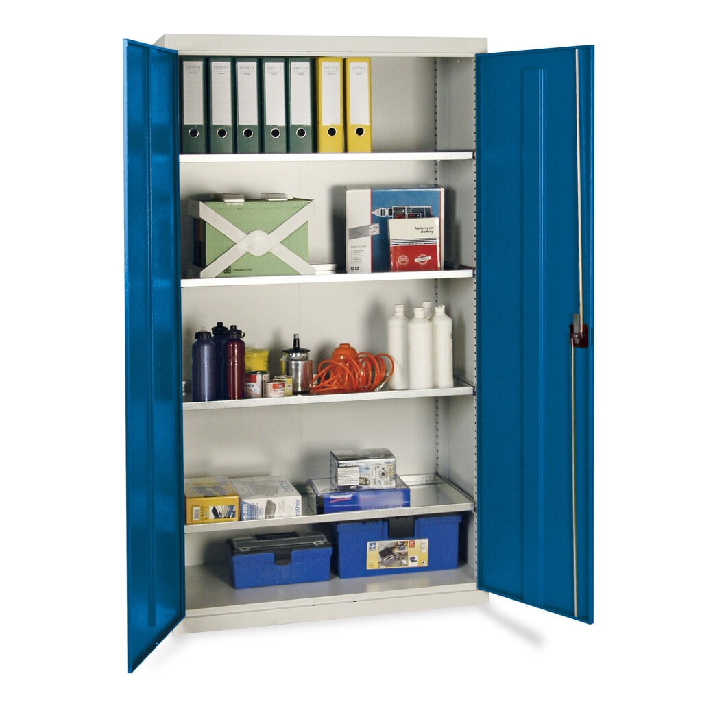 Zdjęcie produktu: Szafa warsztatowa z drzwiami skrzydłowymi stumpf® z 4 półkami z obrzeżem, wys. x szer. x gł. 1800 x 1000 x 500 mm, jasnoszara/niebieska