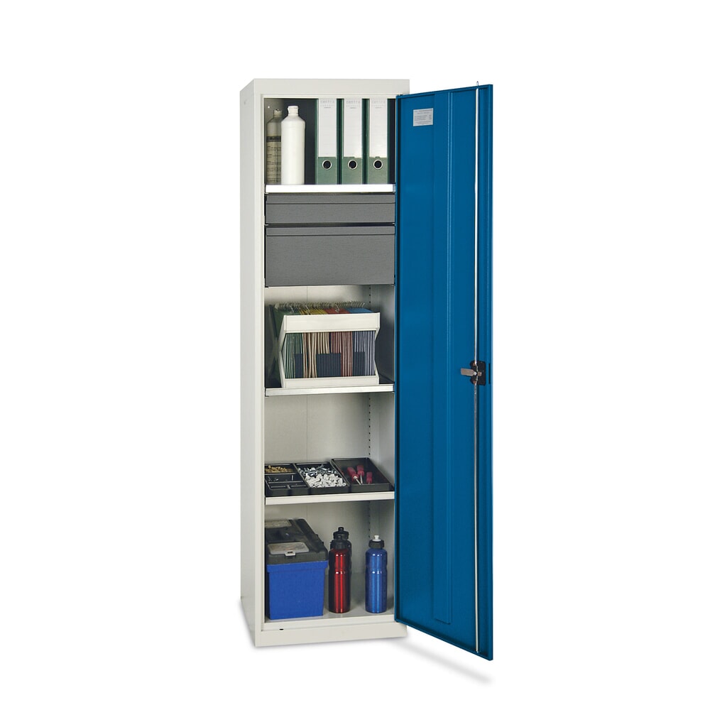 Szafa warsztatowa z drzwiami skrzydłowymi stumpf® z 2 szufladami i 3 półkami z obrzeżem, wys. x szer. x gł. 1800 x 500 x 500 mm, jasnoszara Zdjęcie produktu: Szafa warsztatowa z drzwiami skrzydłowymi stumpf® z 2 szufladami i 3 półkami z obrzeżem, wys. x szer. x gł. 1800 x 500 x 500 mm, jasnoszara