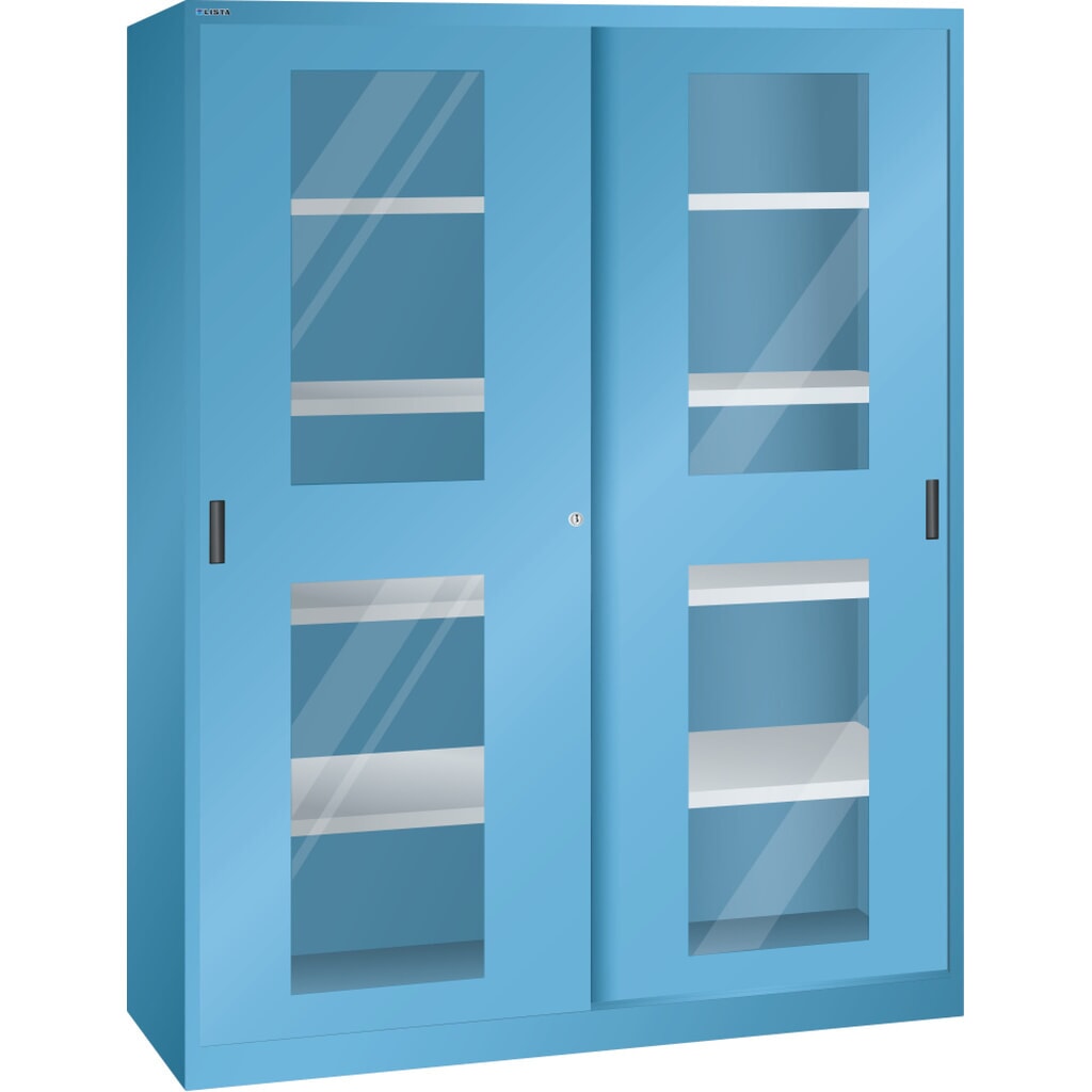 Szafa z drzwiami przesuwnymi LISTA (szer. x gł. x wys.) 1500 x 400 x 1950 mm, 8 regulowanych półek, okno, głębokość 400 mm, jasnoniebieska Zdjęcie produktu: Szafa z drzwiami przesuwnymi LISTA (szer. x gł. x wys.) 1500 x 400 x 1950 mm, 8 regulowanych półek, okno, głębokość 400 mm, jasnoniebieska