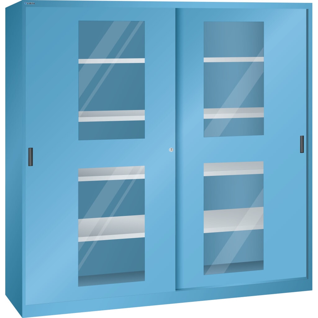 Zdjęcie produktu: Szafa z drzwiami przesuwnymi LISTA (szer. x gł. x wys.) 2000 x 400 x 1950 mm, 8 regulowanych półek, okno, głębokość 400 mm, jasnoniebieski