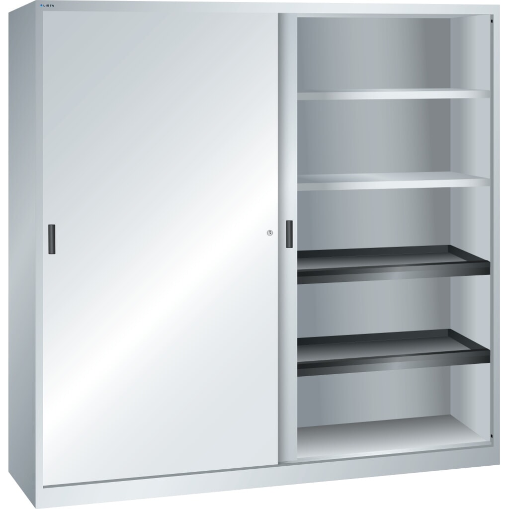 Zdjęcie produktu: Szafa z drzwiami przesuwnymi LISTA, (szer. x gł. x wys.) 2000 x 580 x 1950 mm, 4 półki wysuwane, 4 półki regulowane, jasnoszary