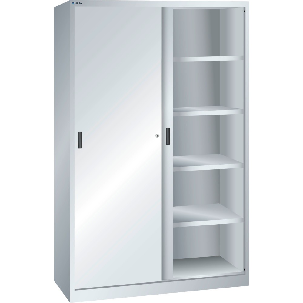 Obraz produktu: Szafa z drzwiami przesuwnymi LISTA, (szer. x gł. x wys.) 1000 x 580 x 1950 mm, 4 regulowane półki, jasnoszara