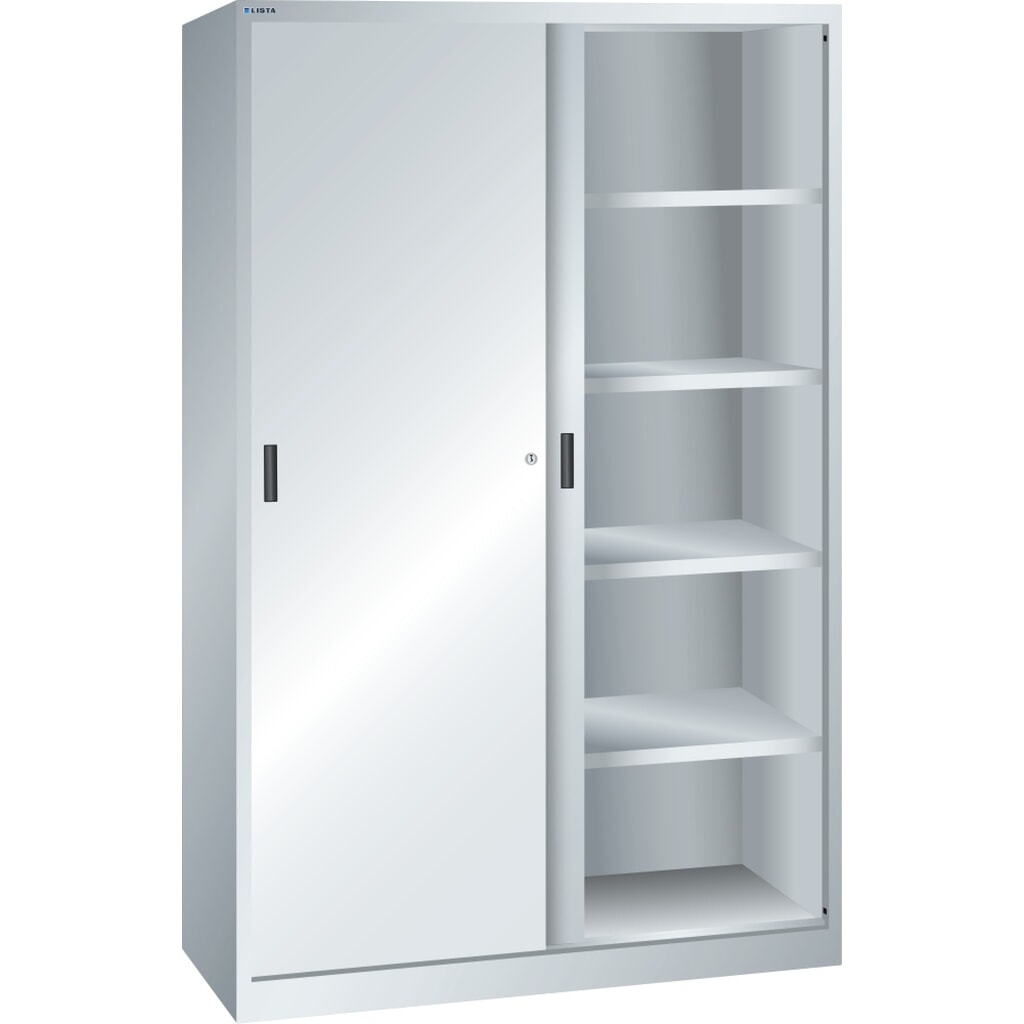Zdjęcie produktu: Szafa z drzwiami przesuwnymi LISTA, (szer. x gł. x wys.) 1000 x 580 x 1950 mm, 4 regulowane półki, jasnoszara