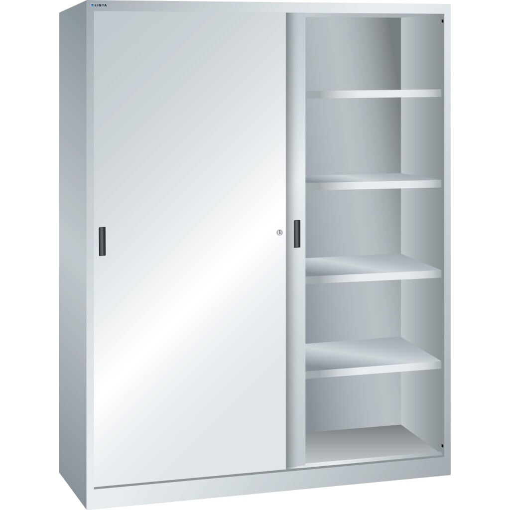Zdjęcie produktu: Szafa z drzwiami przesuwnymi LISTA, (szer. x gł. x wys.) 1500 x 400 x 1950 mm, 8 regulowanych półek, jasnoszary