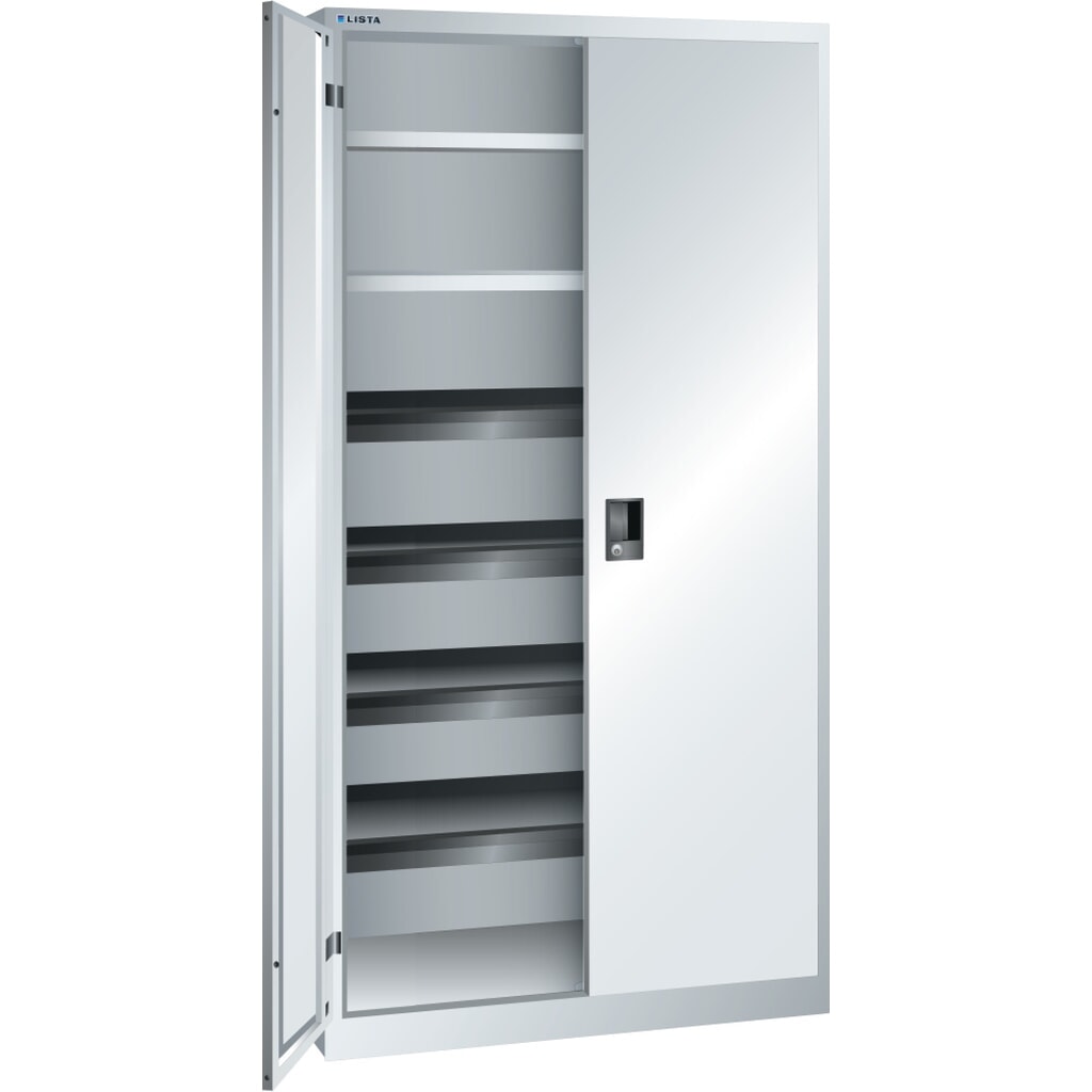 Szafa z drzwiami skrzydłowymi LISTA, (szer. x gł. x wys.) 1000 x 580 x 1950 mm, 4 wysuwane tace, 2 regulowane półki, jasnoszary, KEY Lock Zdjęcie produktu: Szafa z drzwiami skrzydłowymi LISTA, (szer. x gł. x wys.) 1000 x 580 x 1950 mm, 4 wysuwane tace, 2 regulowane półki, jasnoszary, KEY Lock
