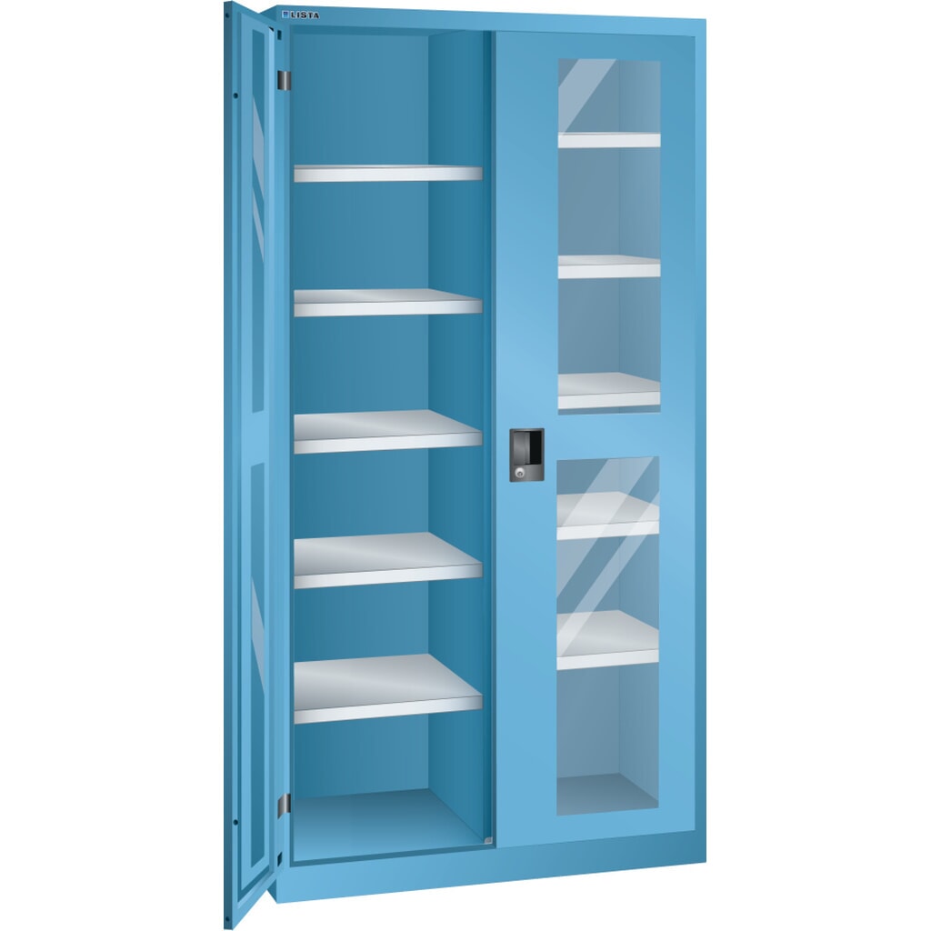 Zdjęcie produktu: Szafa z drzwiami skrzydłowymi LISTA z oknem, (szer. x gł. x wys.) 1000 x 500 x 1950 mm, 10 regulowanych półek, jasnoniebieski, KEY Lock