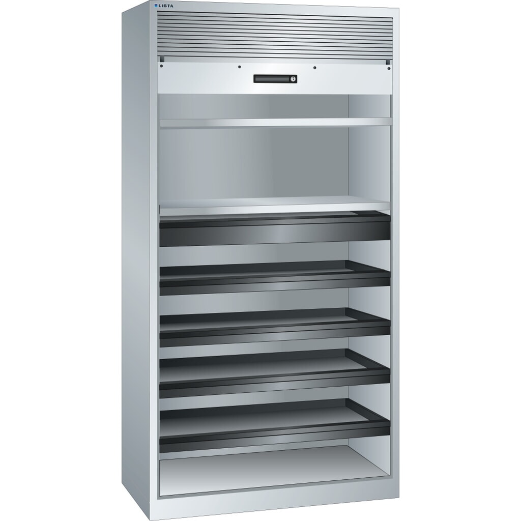 Zdjęcie produktu: Szafa z roletą LISTA, (szer. x gł. x wys.) 1000 x 580 x 1950 mm, 4 półki wysuwane, 2 półki regulowane, jasnoszara