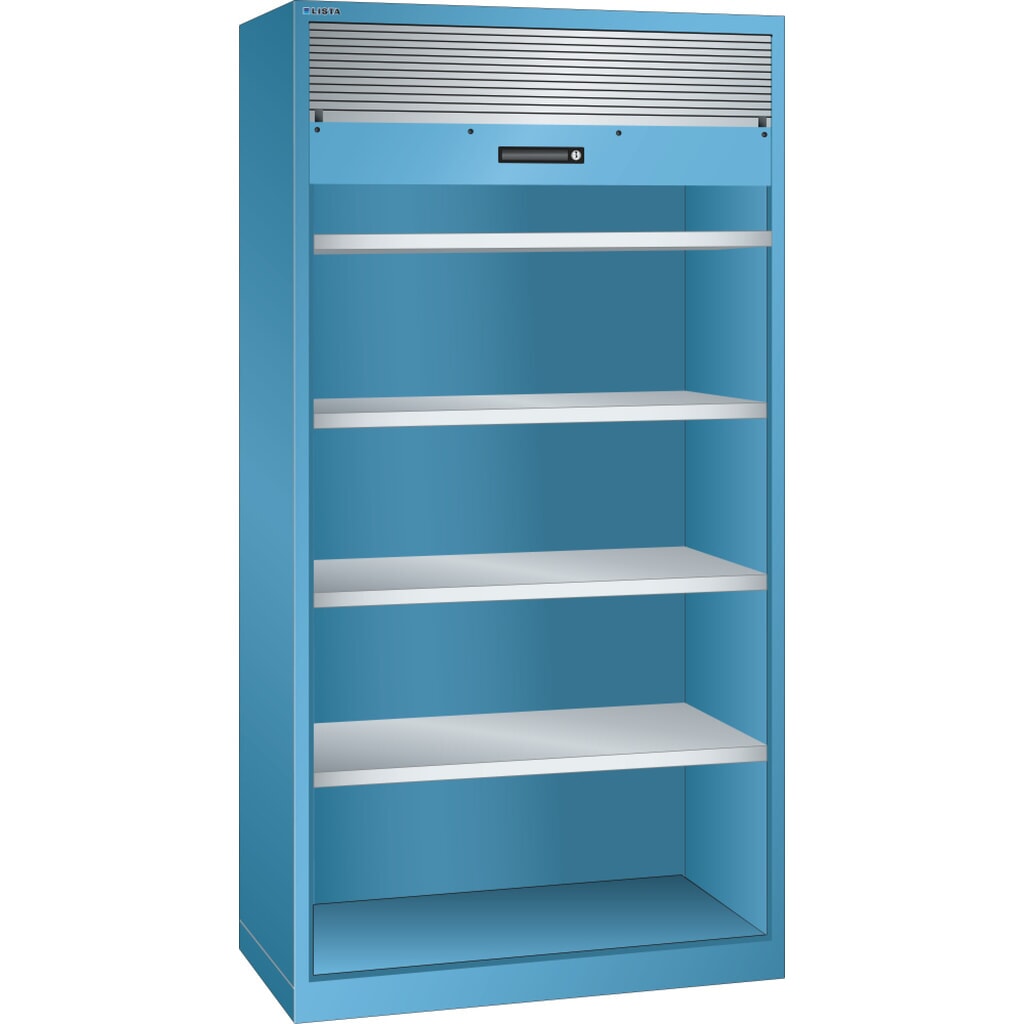 Szafa z roletą LISTA, (szer. x gł. x wys.) 1000 x 580 x 1950 mm, 4 regulowane półki, jasnoniebieski Zdjęcie produktu: Szafa z roletą LISTA, (szer. x gł. x wys.) 1000 x 580 x 1950 mm, 4 regulowane półki, jasnoniebieski