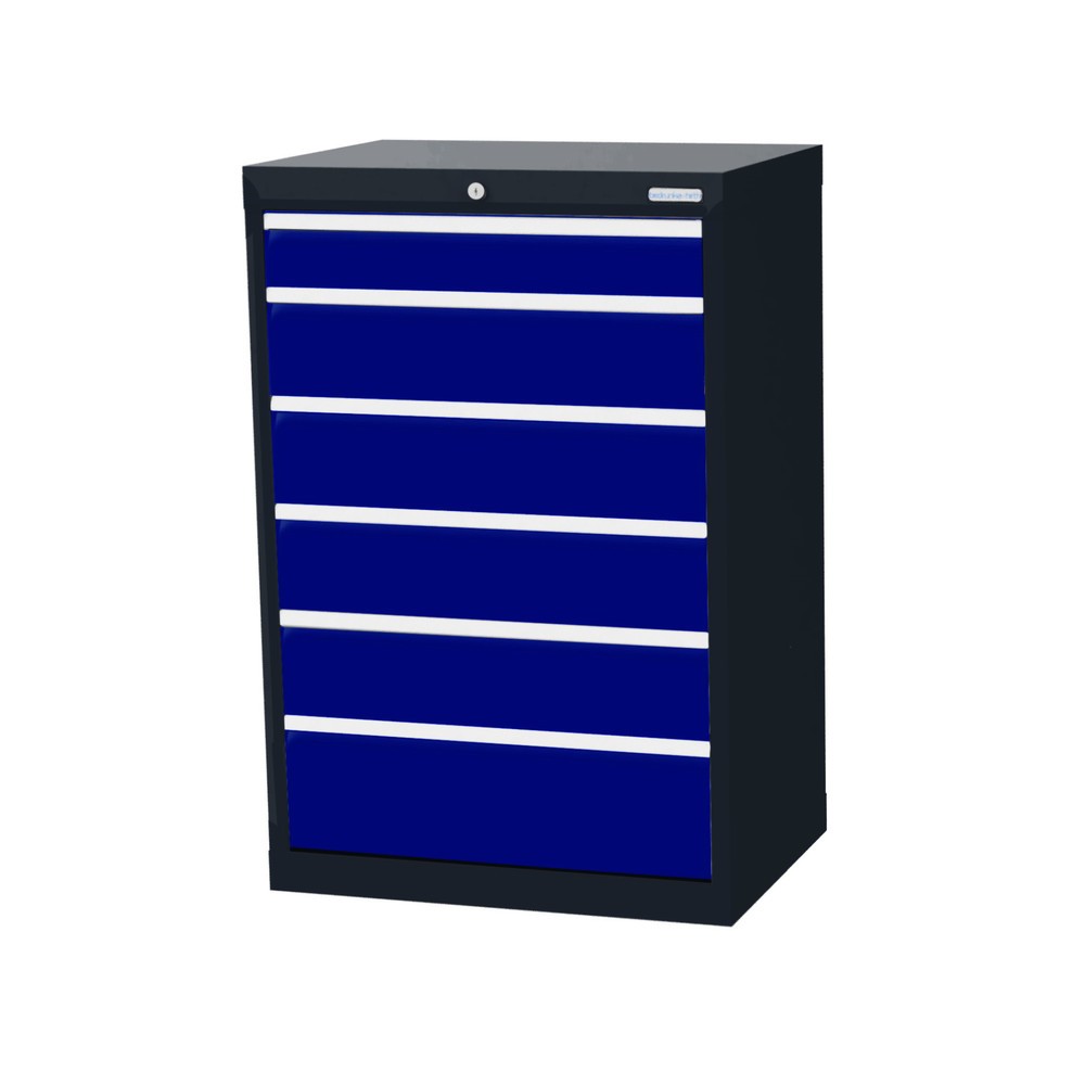 Obraz produktu: Szafa z szufladami Bedrunka+Hirth Profi, szuflady 1 x 100 + 4 x 150 + 1 x 200 mm, wys. x szer. x gł. 1019 x 680 x 500 mm, szary antracyt, niebieski gencjanowy