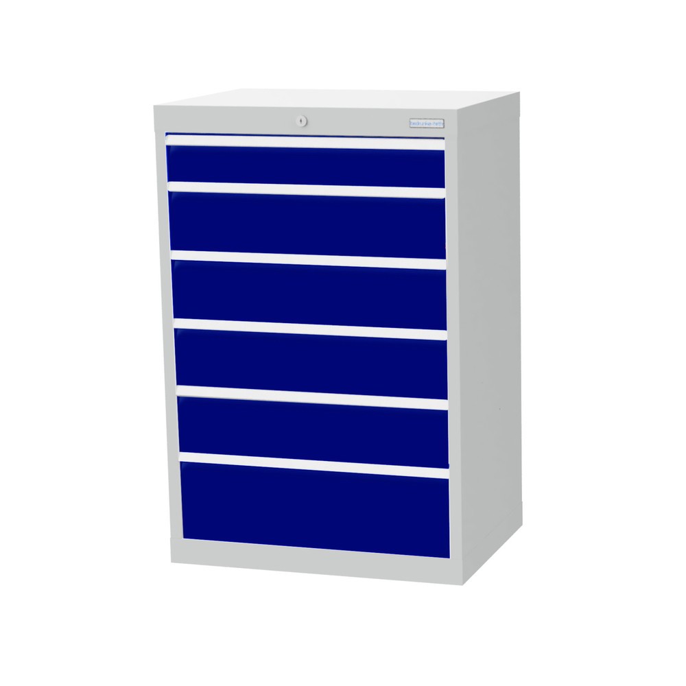 Obraz produktu: Szafa z szufladami Bedrunka+Hirth Profi, szuflady 1 x 100 + 4 x 150 + 1 x 200 mm, wys. x szer. x gł. 1019 x 680 x 500 mm, jasnoszary, niebieski gencjanowy