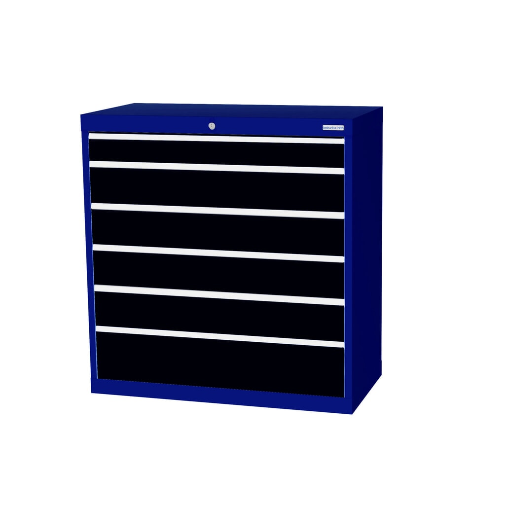 Zdjęcie produktu: Szafa z szufladami Bedrunka+Hirth Profi, szuflady 1 x 100 + 4 x 150 + 1 x 200 mm, wys. x szer. x gł. 1019 x 980 x 500 mm, niebieski gencjanowy, szary antracyt