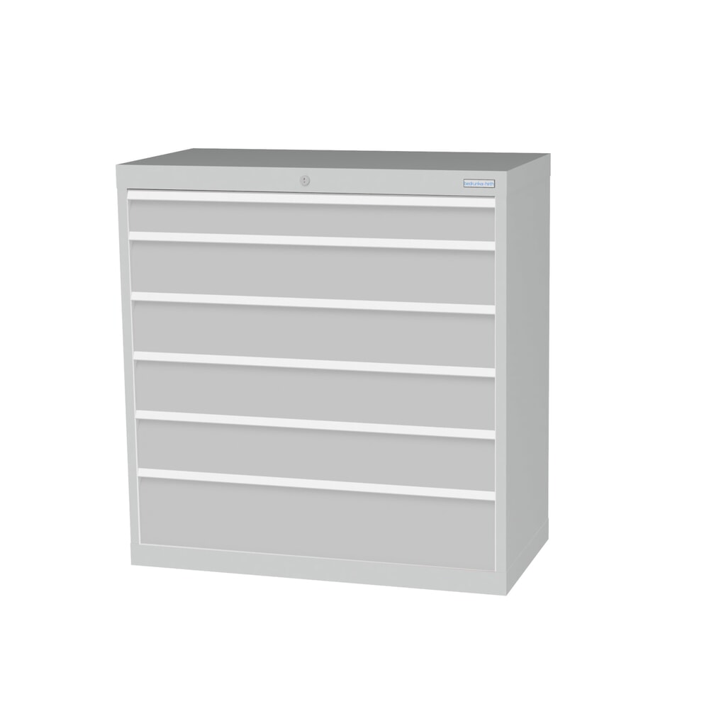 Zdjęcie produktu: Szafa z szufladami Bedrunka+Hirth Profi, szuflady 1 x 100 + 4 x 150 + 1 x 200 mm, wys. x szer. x gł. 1019 x 980 x 500 mm, jasnoszary, jasnoszary