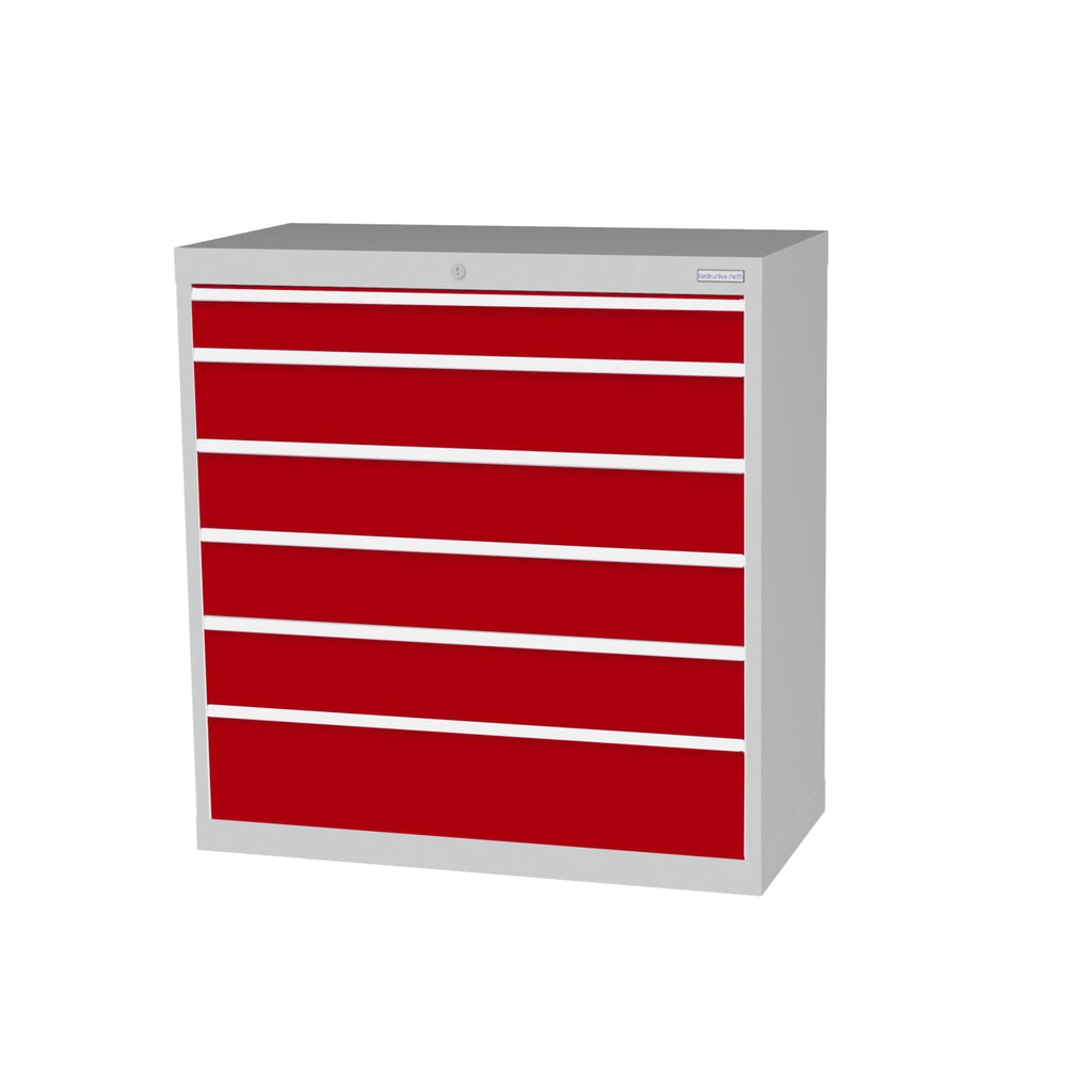 Zdjęcie produktu: Szafa z szufladami Bedrunka+Hirth Profi, szuflady 1 x 100 + 4 x 150 + 1 x 200 mm, wys. x szer. x gł. 1019 x 980 x 500 mm, jasnoszary, czerwony rubinowy