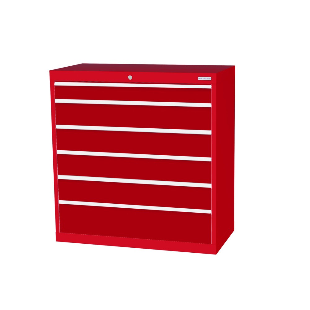 Obraz produktu: Szafa z szufladami Bedrunka+Hirth Profi, szuflady 1 x 100 + 4 x 150 + 1 x 200 mm, wys. x szer. x gł. 1019 x 980 x 500 mm, czerwony drogowy, czerwony rubinowy