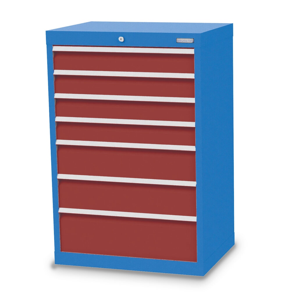Zdjęcie produktu: Szafa z szufladami Bedrunka+Hirth Profi, szuflady 4 x 100 + 2 x 150 + 1 x 200 mm, wys. x szer. x gł. 1019 x 680 x 500 mm, niebieski jasny, czerwony rubinowy