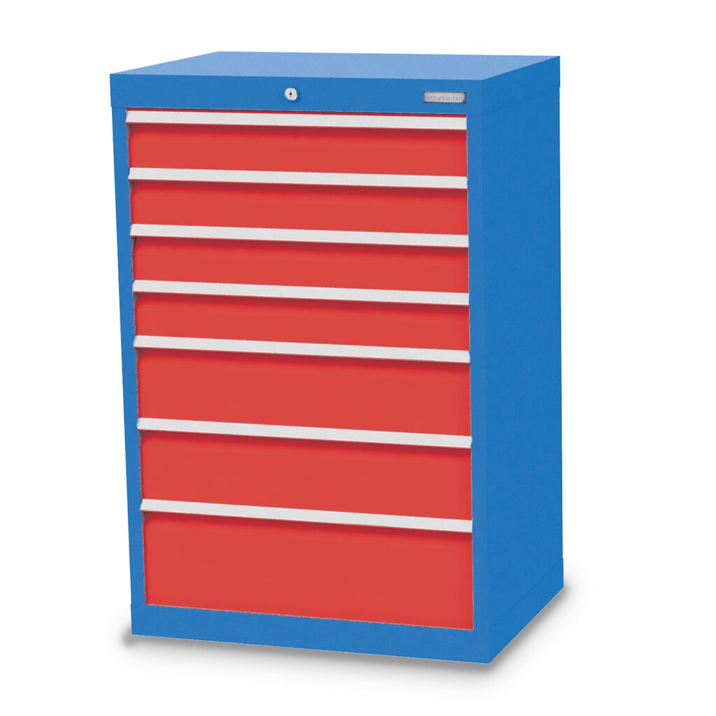 Zdjęcie produktu: Szafa z szufladami Bedrunka+Hirth Profi, szuflady 4 x 100 + 2 x 150 + 1 x 200 mm, wys. x szer. x gł. 1019 x 680 x 500 mm, niebieski jasny, czerwony drogowy