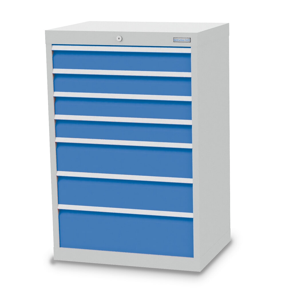 Zdjęcie produktu: Szafa z szufladami Bedrunka+Hirth Profi, szuflady 4 x 100 + 2 x 150 + 1 x 200 mm, wys. x szer. x gł. 1019 x 680 x 500 mm, jasnoszary, niebieski jasny