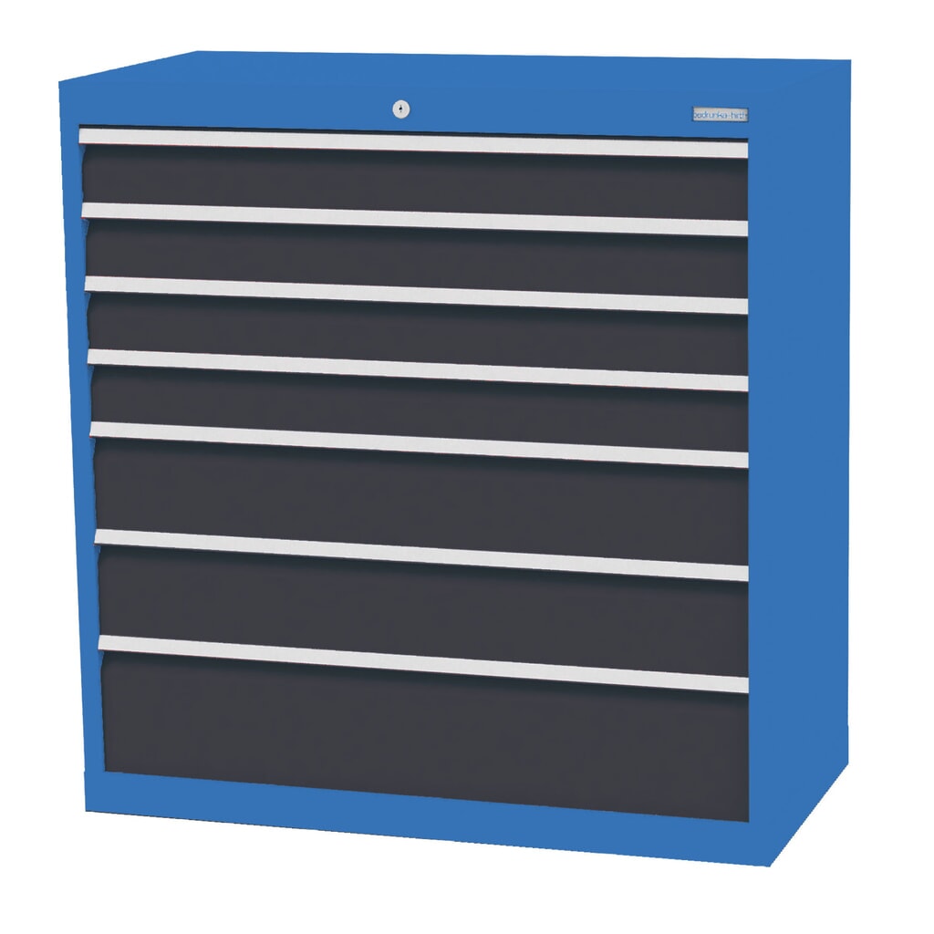 Zdjęcie produktu: Szafa z szufladami Bedrunka+Hirth Profi, szuflady 4 x 100 + 2 x 150 + 1 x 200 mm, wys. x szer. x gł. 1019 x 980 x 500 mm, niebieski jasny, szary antracyt