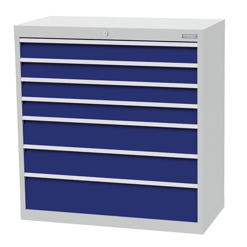 Obraz produktu: Szafa z szufladami Bedrunka+Hirth Profi, szuflady 4 x 100 + 2 x 150 + 1 x 200 mm, wys. x szer. x gł. 1019 x 980 x 500 mm, jasnoszary, niebieski gencjanowy