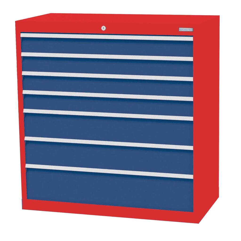 Zdjęcie produktu: Szafa z szufladami Bedrunka+Hirth Profi, szuflady 4 x 100 + 2 x 150 + 1 x 200 mm, wys. x szer. x gł. 1019 x 980 x 500 mm, czerwony drogowy, niebieski gencjanowy