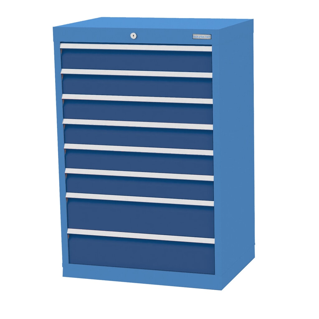 Zdjęcie produktu: Szafa z szufladami Bedrunka+Hirth Profi, szuflady 6 x 100 + 2 x 150 mm, wys. x szer. x gł. 1019 x 680 x 500 mm, niebieski jasny, niebieski gencjanowy