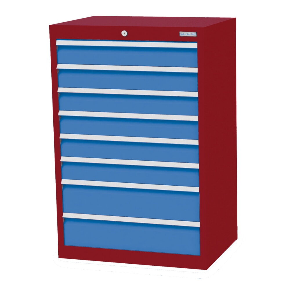 Zdjęcie produktu: Szafa z szufladami Bedrunka+Hirth Profi, szuflady 6 x 100 + 2 x 150 mm, wys. x szer. x gł. 1019 x 680 x 500 mm, czerwony rubinowy, niebieski jasny