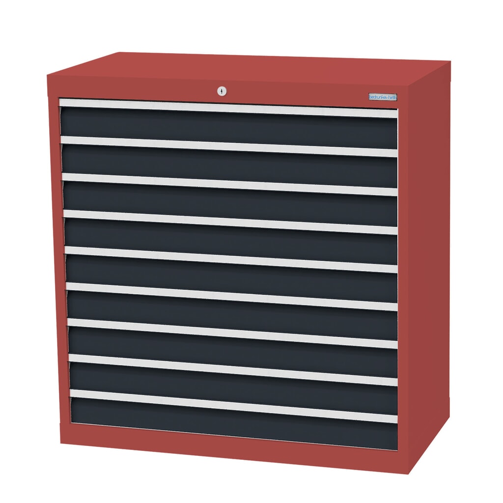 Zdjęcie produktu nr 1: Szafa z szufladami Bedrunka+Hirth Profi, szuflady 9 x 100 mm, wys. x szer. x gł. 1019 x 980 x 500 mm, czerwony rubinowy, szary antracyt