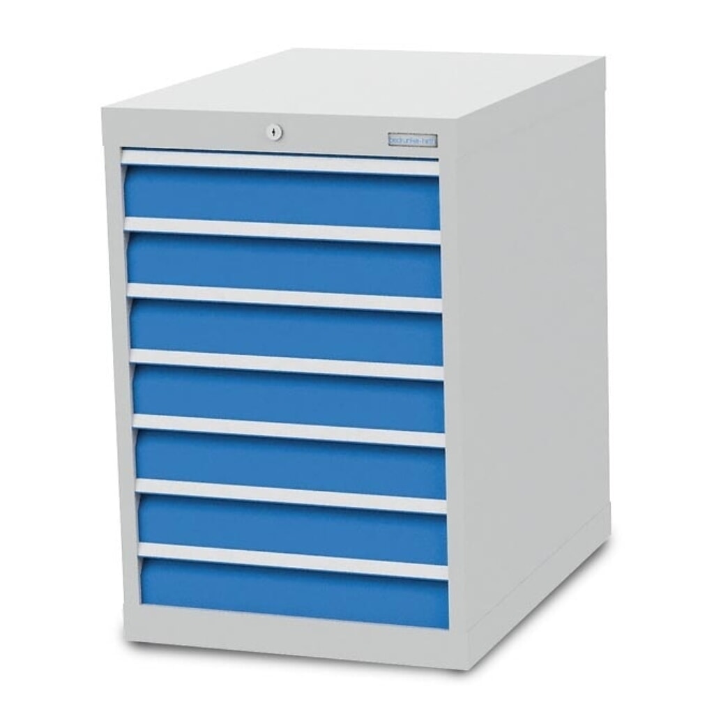 Zdjęcie produktu: Szafa z szufladami Bedrunka+Hirth R 18-24, wys. x szer. x gł. 819 x 555 x 736 mm, kolor jasnoszary, kolor jasnoniebieski, 7 x szuflada 7 x 100 mm
