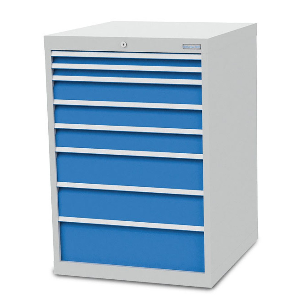 Zdjęcie produktu nr 1: Szafa z szufladami Bedrunka+Hirth R 24-24, wys. x szer. x gł. 1019 x 705 x 736 mm, kolor jasnoszary, kolor jasnoniebieski, 8 x szuflada, 2 x 50 + 3 x 100 + 2 x 150 + 1 x 200 mm