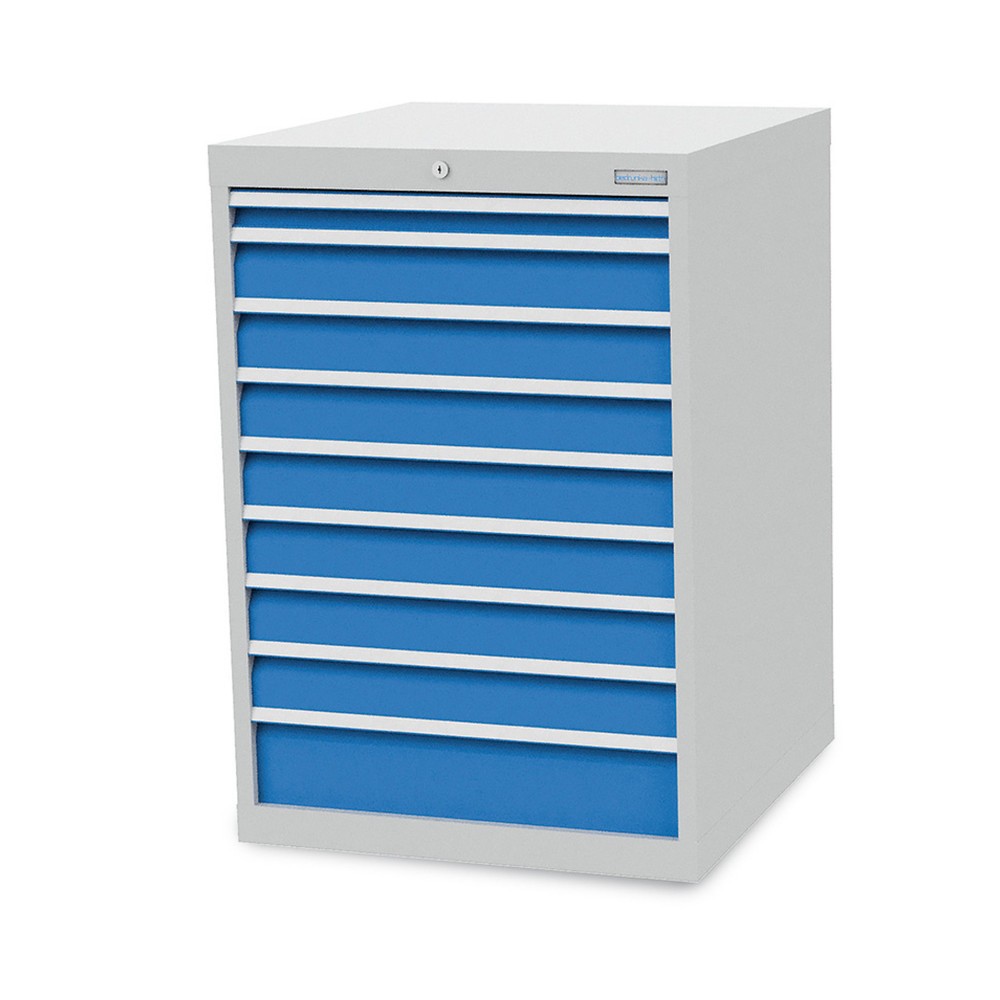 Zdjęcie produktu nr 1: Szafa z szufladami Bedrunka+Hirth R 24-24, wys. x szer. x gł. 1019 x 705 x 736 mm, kolor jasnoszary, kolor jasnoniebieski, 9 x szuflada 1 x 50 + 7 x 100 + 1 x 150 mm
