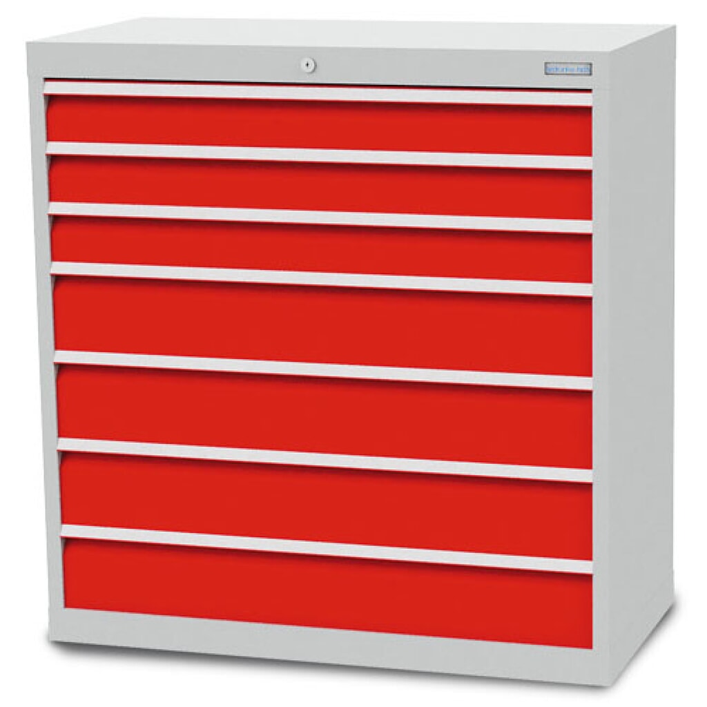 Zdjęcie produktu: Szafa z szufladami Bedrunka+Hirth R 36-16, wys. x szer. x gł. 1019 x 980 x 500 mm, kolor jasnoszary, kolor jasnoniebieski, 7 x szuflada 3 x 100 + 4 x 150 mm