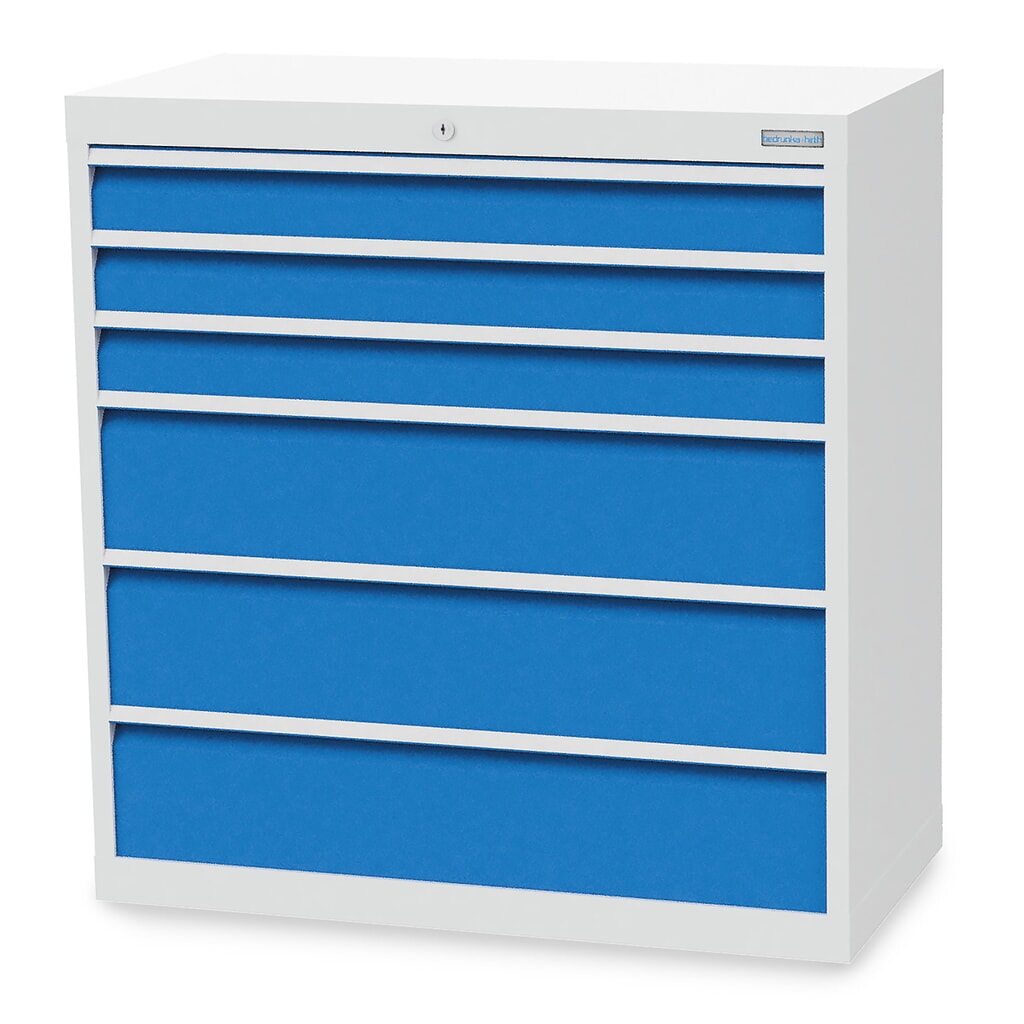 Zdjęcie produktu: Szafa z szufladami Bedrunka+Hirth R 36-16, wys. x szer. x gł. 1019 x 980 x 500 mm, kolor jasnoszary, kolor jasnoniebieski, 6 x szuflada 3 x 100 + 3 x 200 mm